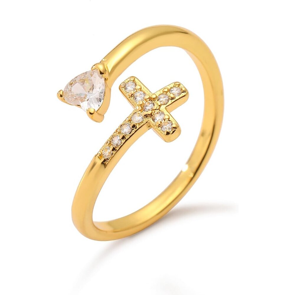 Stunning 14k Gold Plated Adjustable Cross Heart Ring - Perfect Promise Jewelry